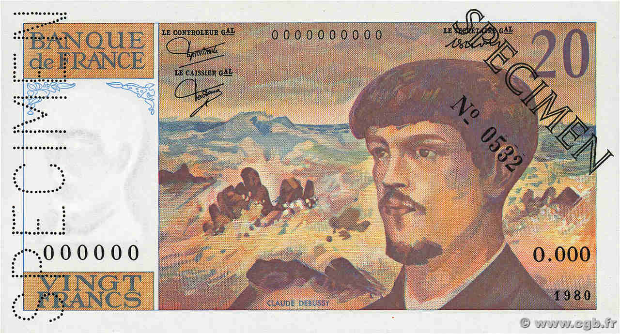 20 Francs DEBUSSY Spécimen FRANCIA  1980 F.66.01Spn2 SC+