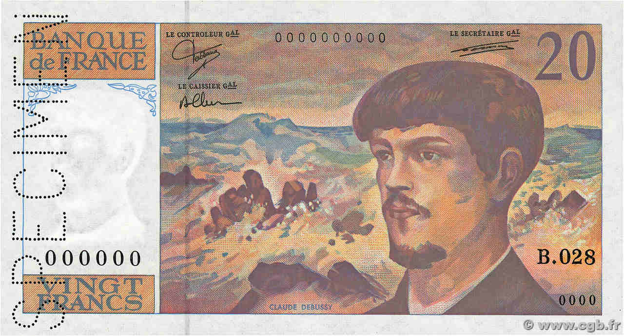 20 Francs DEBUSSY à fil de sécurité Spécimen FRANCIA  1990 F.66bis.01Sp2 FDC