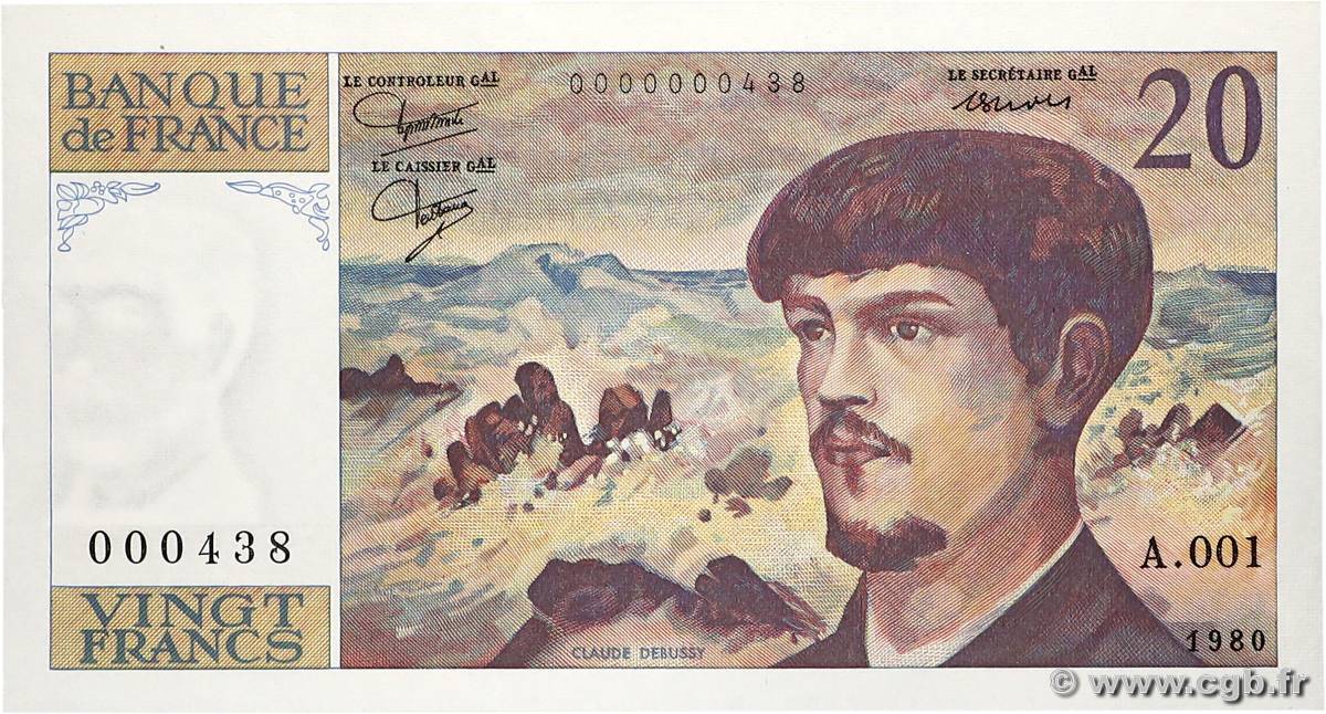 20 Francs DEBUSSY Petit numéro FRANCE  1980 F.66.01A1 AU+