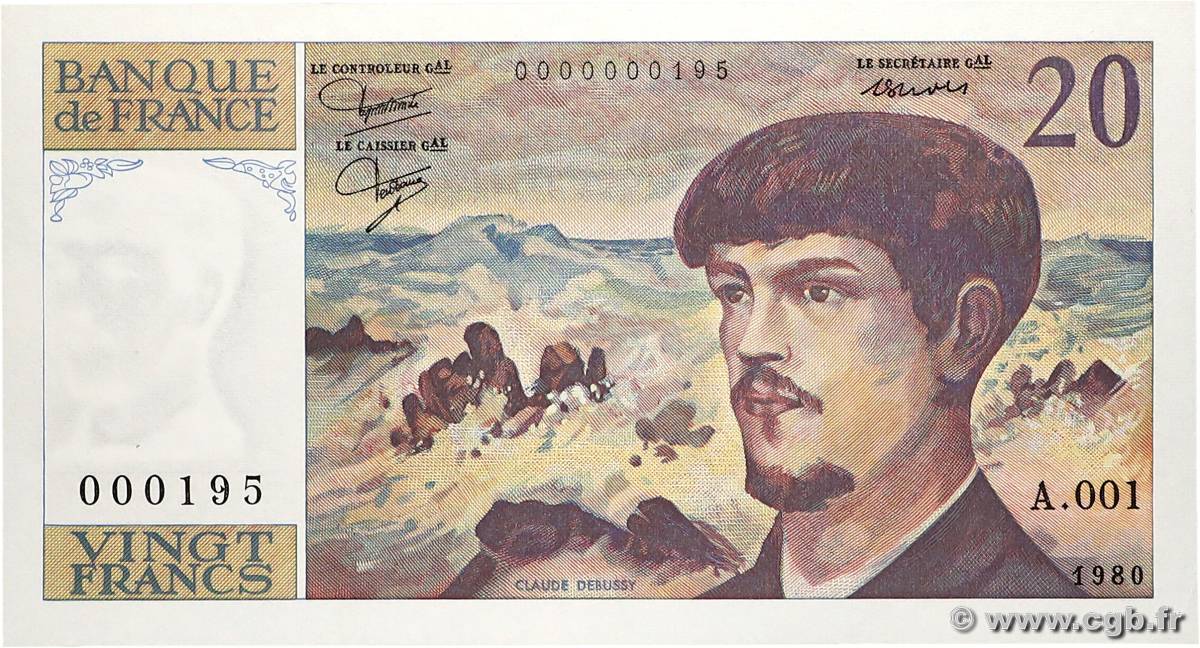 20 Francs DEBUSSY Petit numéro FRANCIA  1980 F.66.01A1 SC+