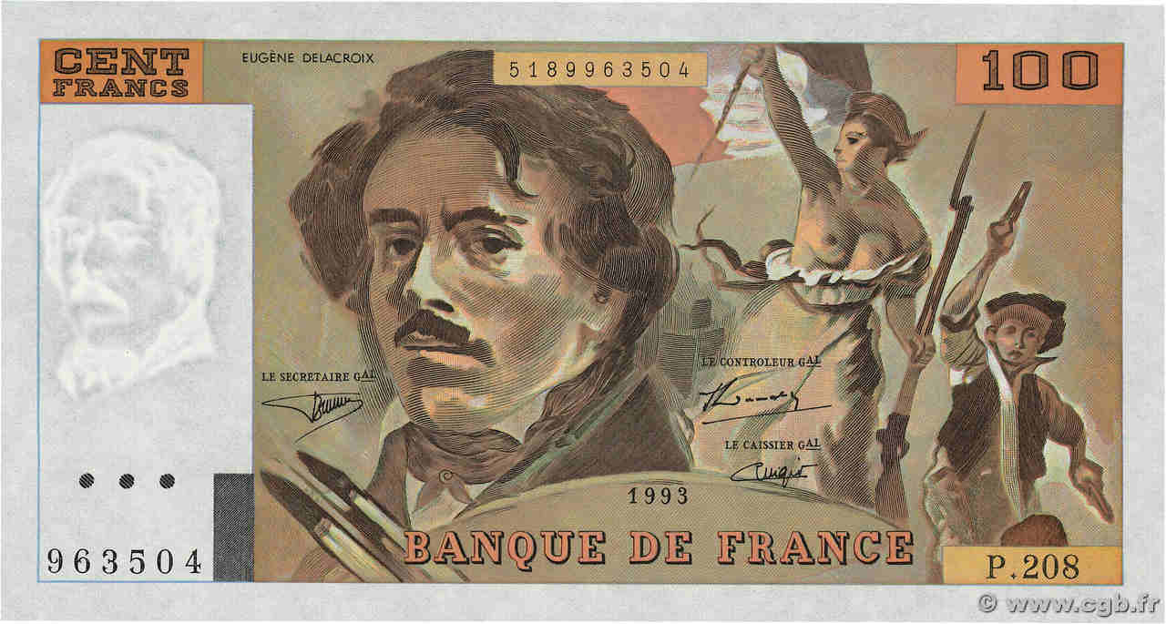 100 Francs DELACROIX imprimé en continu UNIFACE FRANCE  1995 F.69bisU.05 NEUF