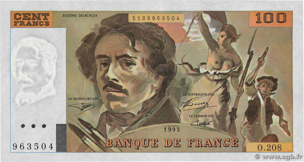 100 Francs DELACROIX imprimé en continu UNIFACE FRANCE  1995 F.69bisU.05 pr.NEUF