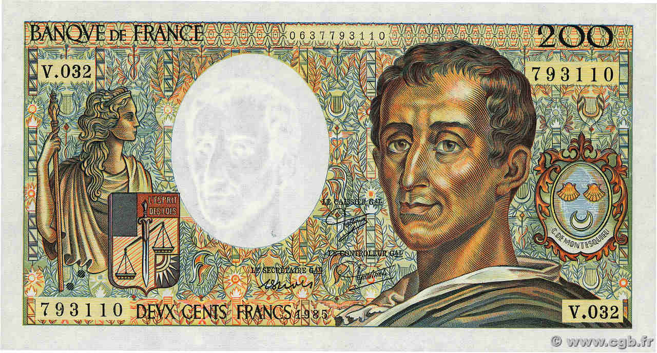 200 Francs MONTESQUIEU UNIFACE Fauté FRANCE  1985 F.70U.05 SUP