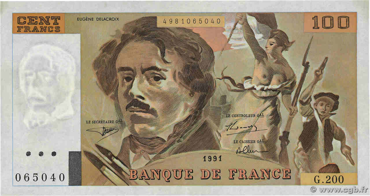 100 Francs DELACROIX  UNIFACE FRANCE  1991 F.69bisU.04 TTB+