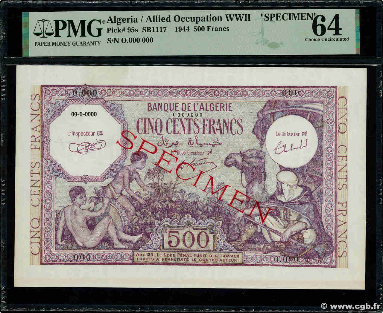 500 Francs Spécimen ALGERIEN  1944 P.095s fST+