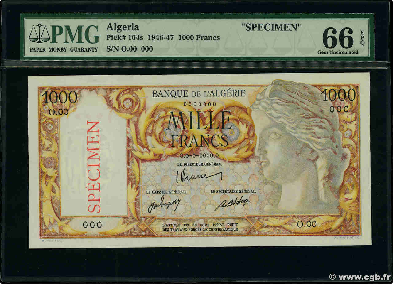 1000 Francs Spécimen ALGERIEN  1946 P.104s ST