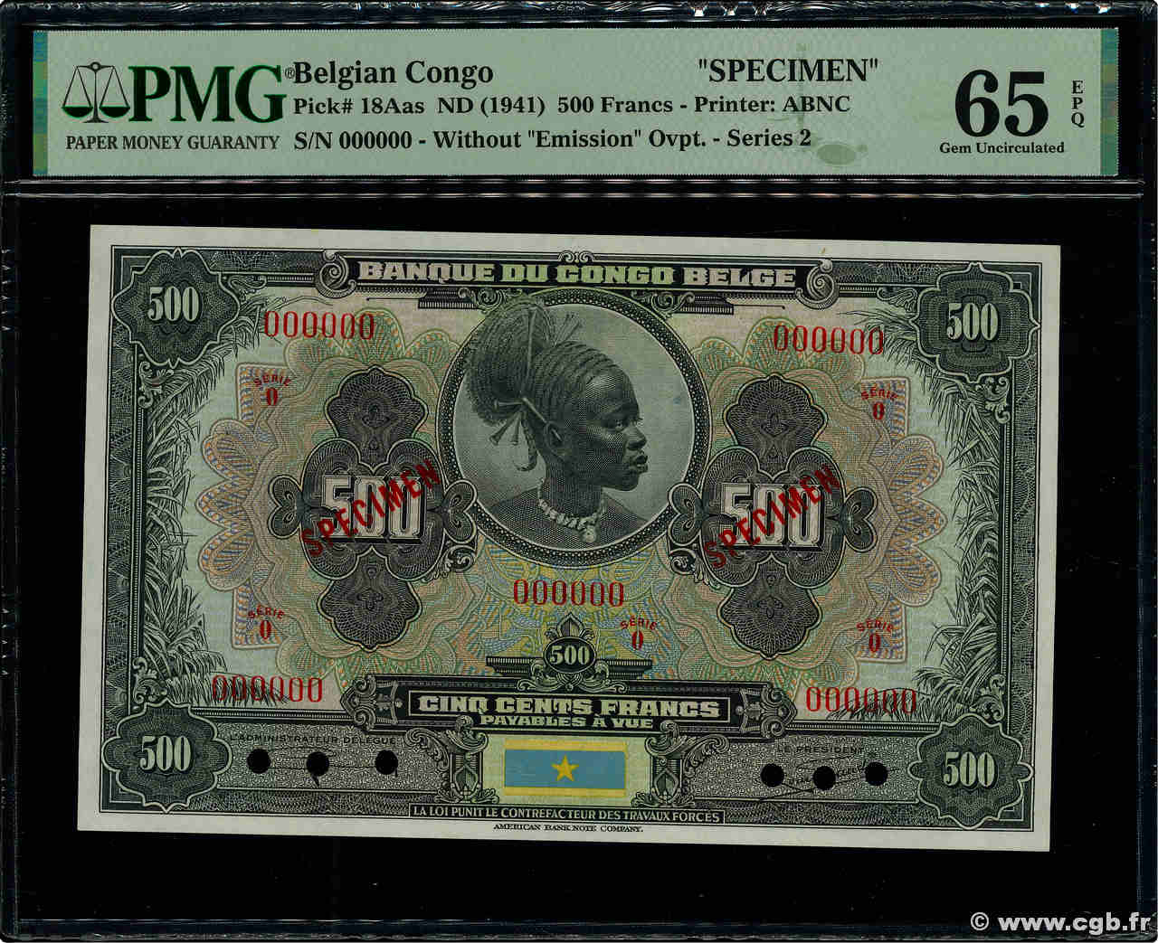 500 Francs Spécimen BELGIAN CONGO  1941 P.18Aas UNC
