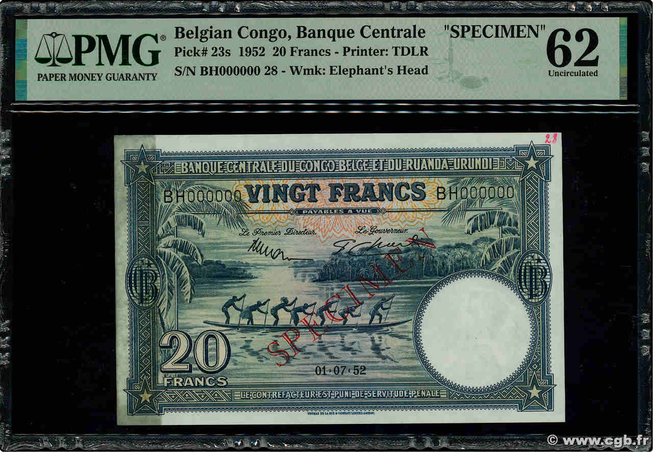 20 Francs Spécimen BELGIAN CONGO  1952 P.23s UNC-