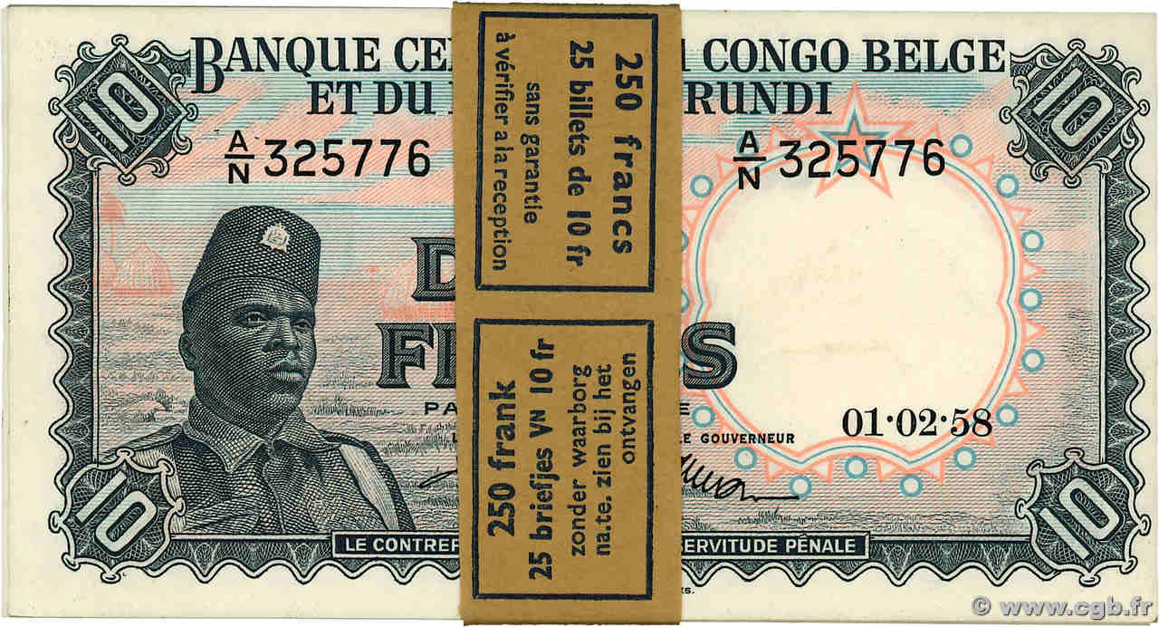 10 Francs Liasse BELGIAN CONGO  1958 P.30b UNC