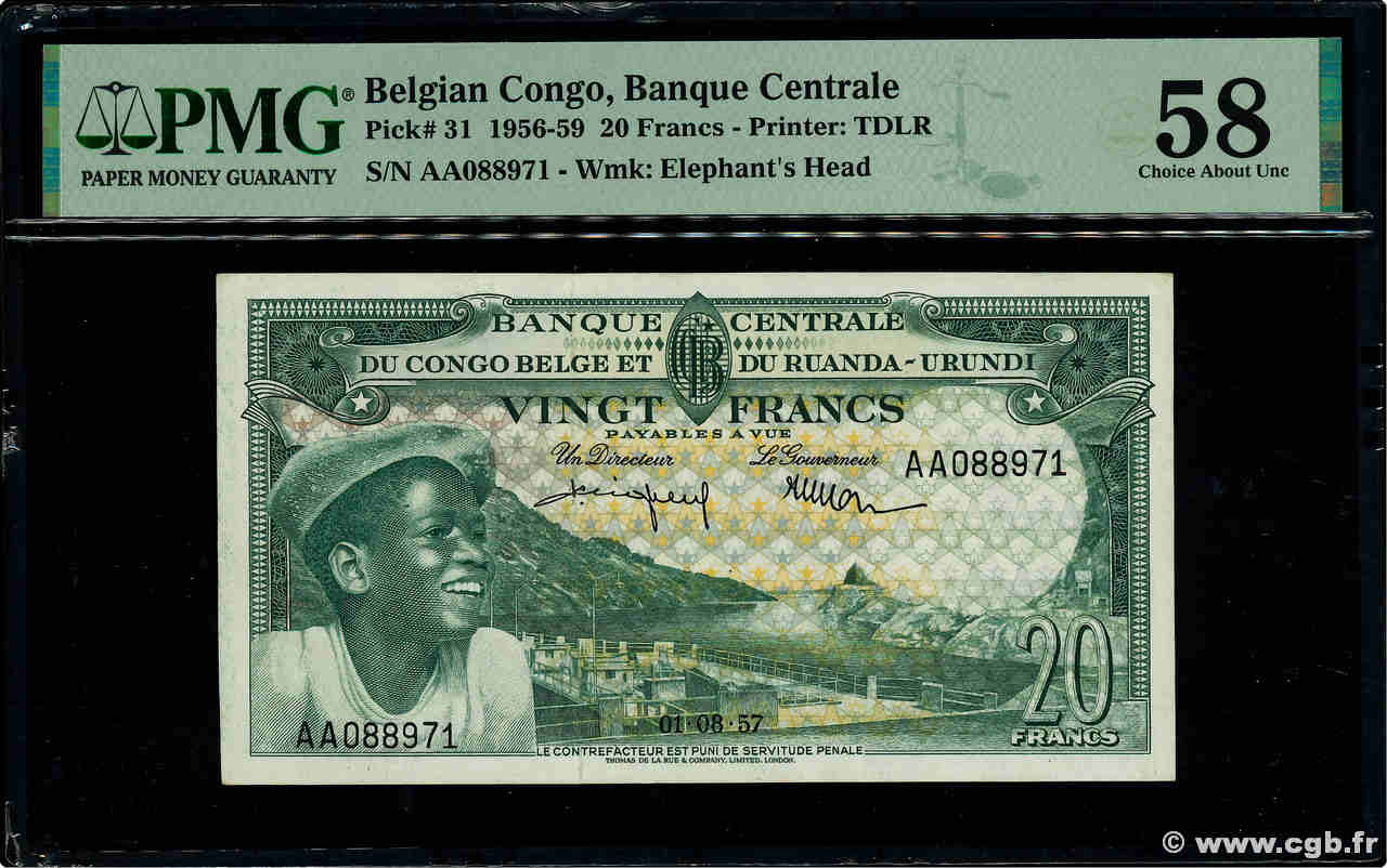 20 Francs BELGIAN CONGO  1957 P.31 AU