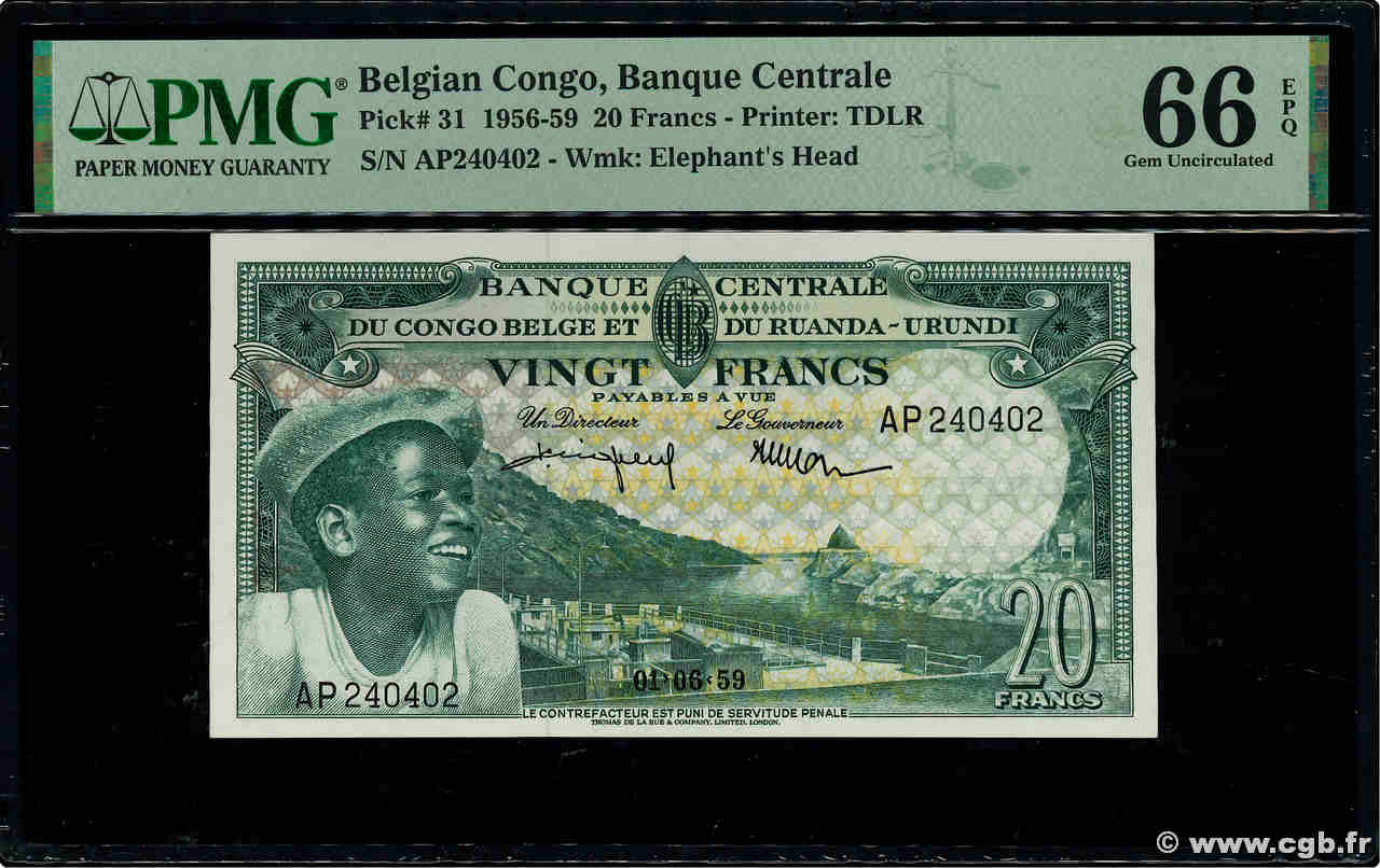 20 Francs BELGIAN CONGO  1959 P.31 UNC