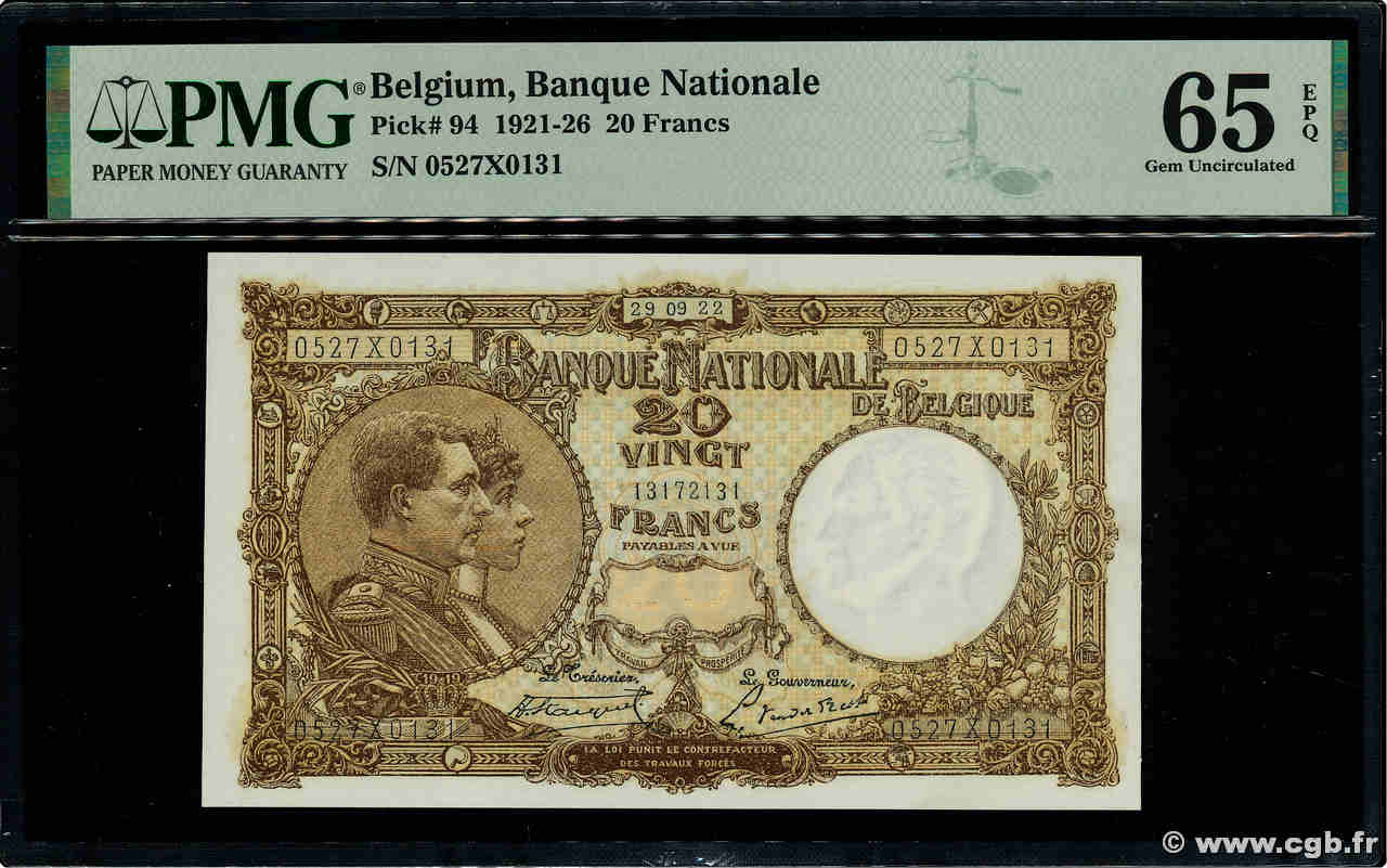 20 Francs BELGIEN  1922 P.094 ST