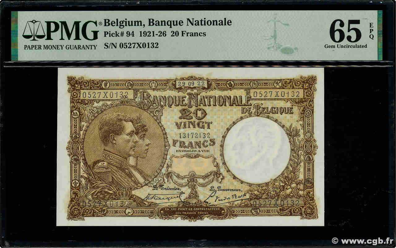 20 Francs BELGIEN  1922 P.094 ST