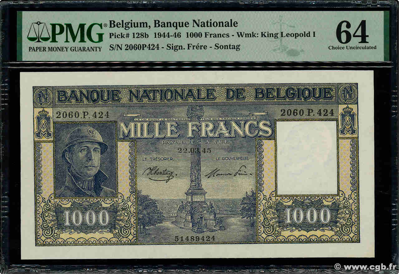 1000 Francs BELGIEN  1945 P.128b fST+