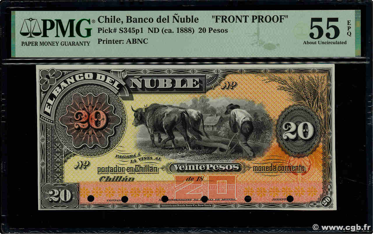 20 Pesos Essai CILE  1888 PS.345p1 AU