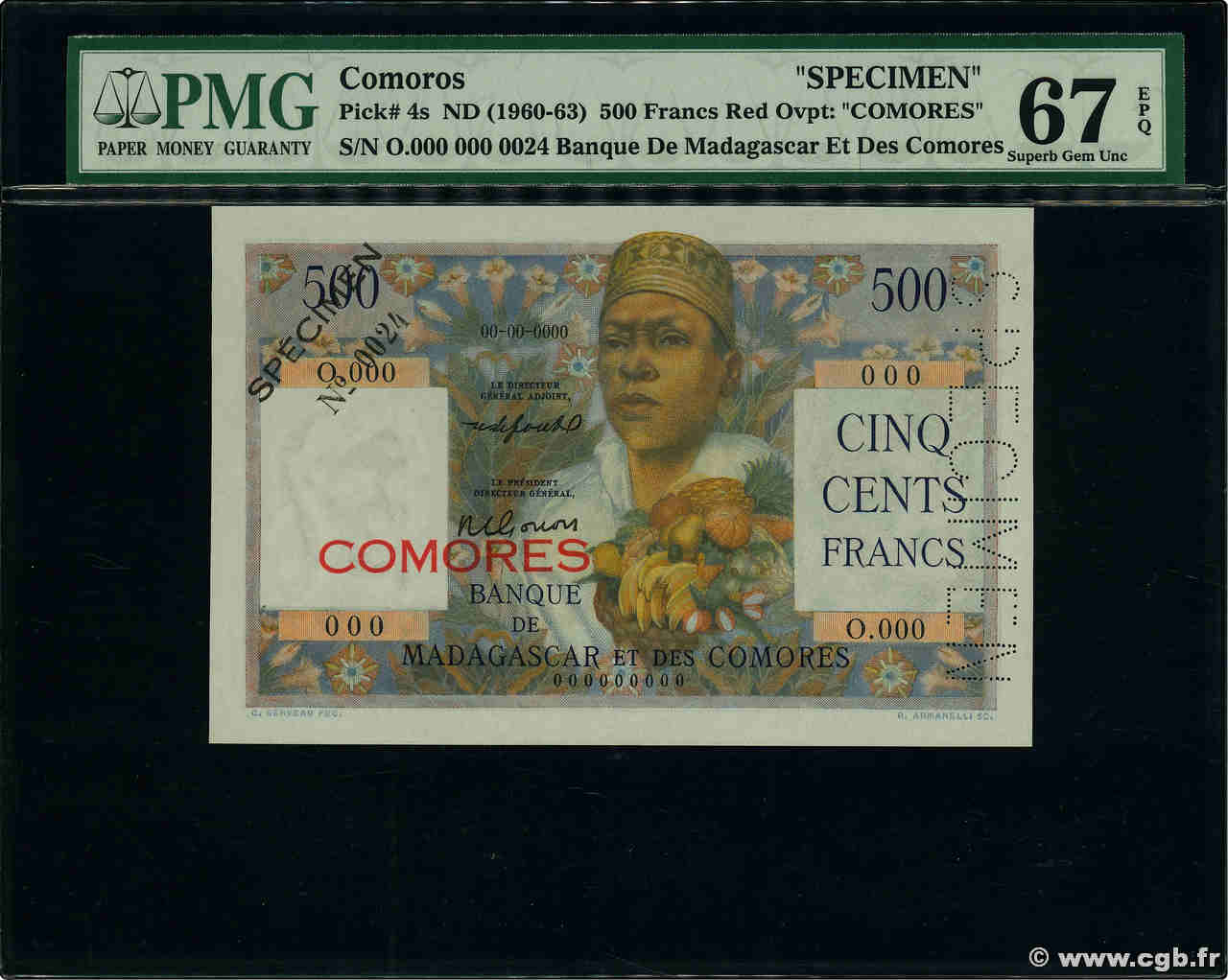 500 Francs Spécimen COMOROS  1960 P.04s2 UNC