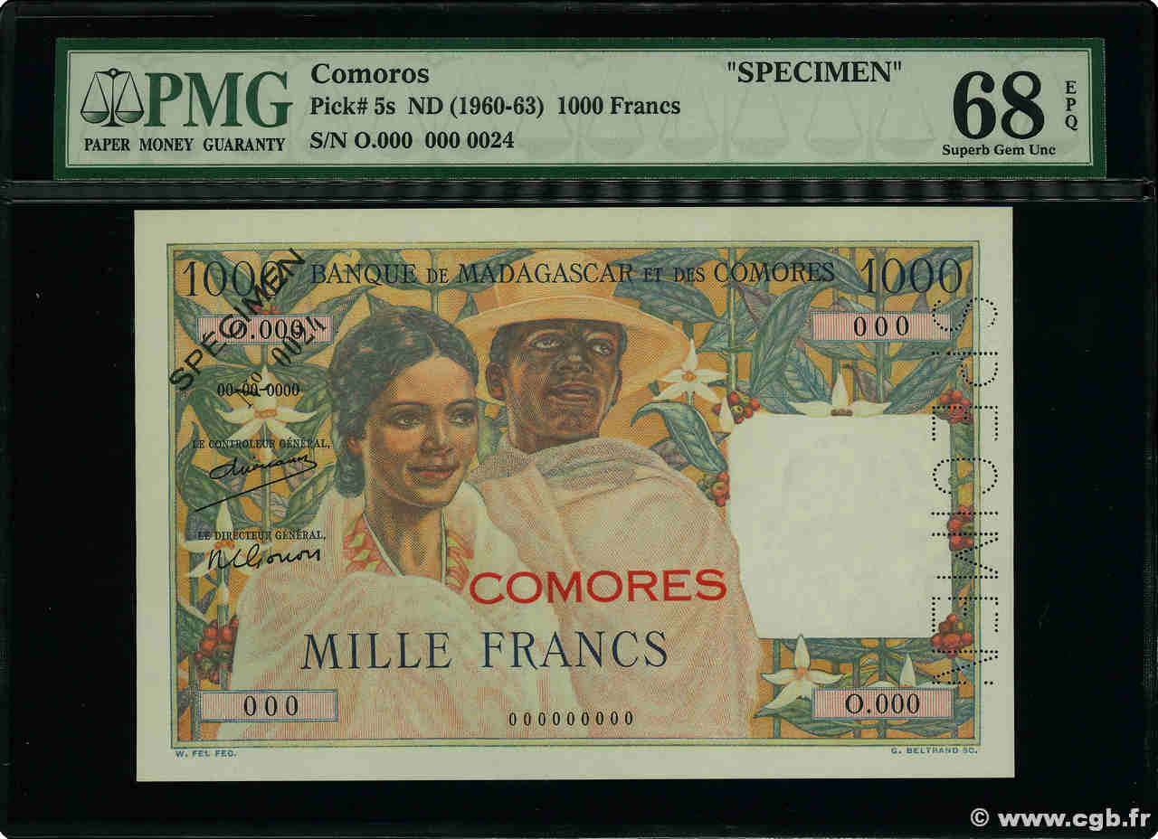 1000 Francs Spécimen COMOROS  1960 P.05s UNC