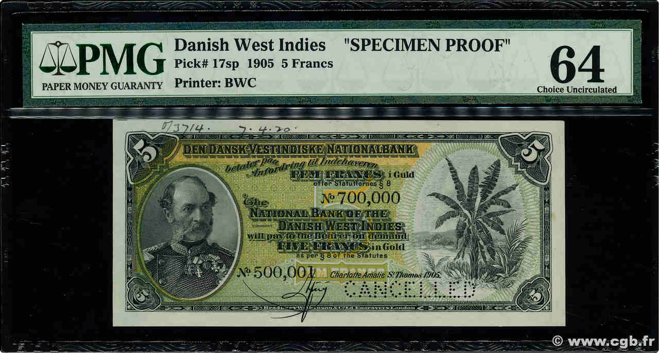 5 Francs Spécimen DÄNISCHE-WESTINDIEN (JUNGFERNINSELN)  1905 P.017sP. fST+