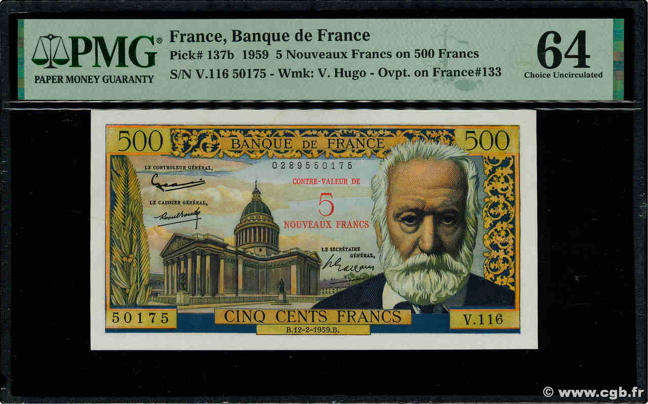 5 NF sur 500 Francs Victor HUGO FRANKREICH  1959 F.52.02 fST+