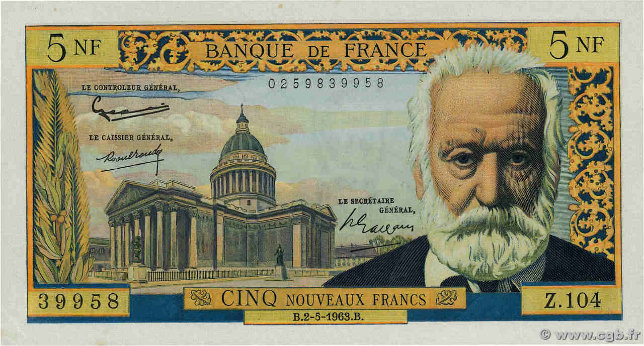 5 Nouveaux Francs VICTOR HUGO FRANCE  1963 F.56.14 pr.SPL