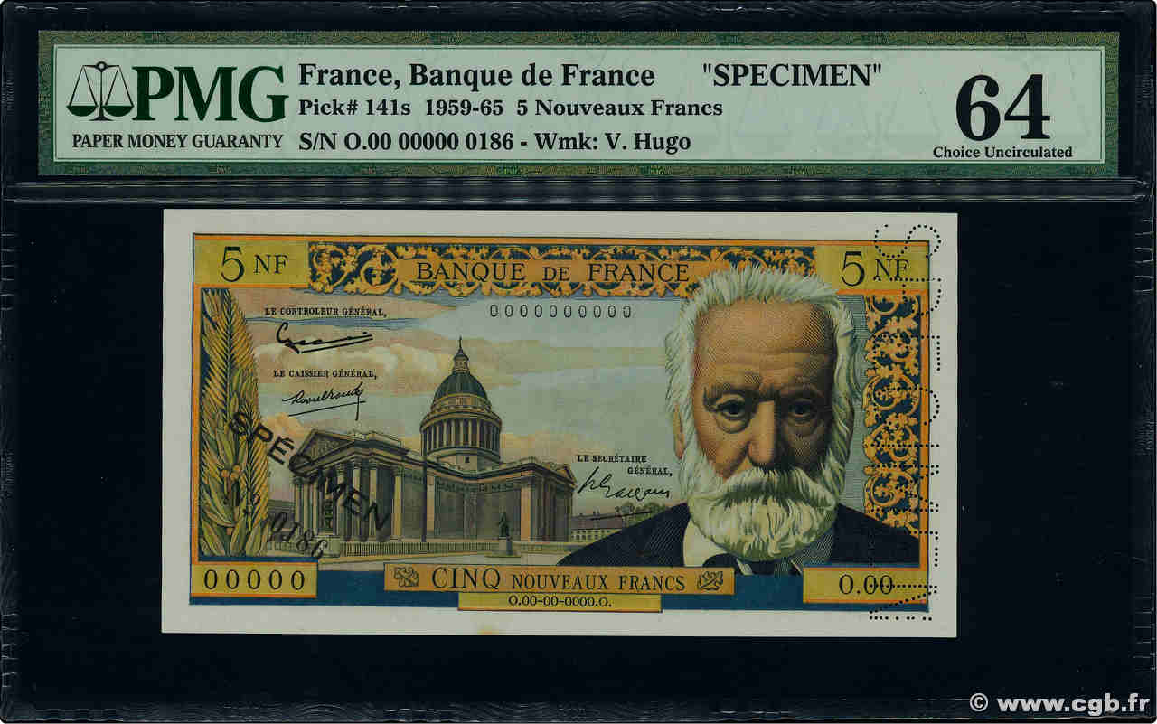 5 Nouveaux Francs VICTOR HUGO Spécimen FRANCE  1959 F.56.01Spn UNC-