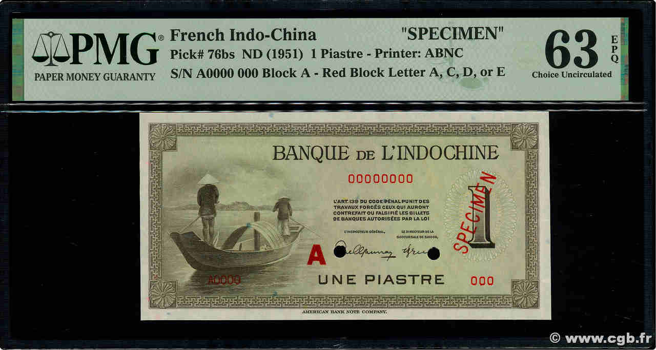 1 Piastre Spécimen INDOCHINE FRANÇAISE  1945 P.076bs pr.NEUF