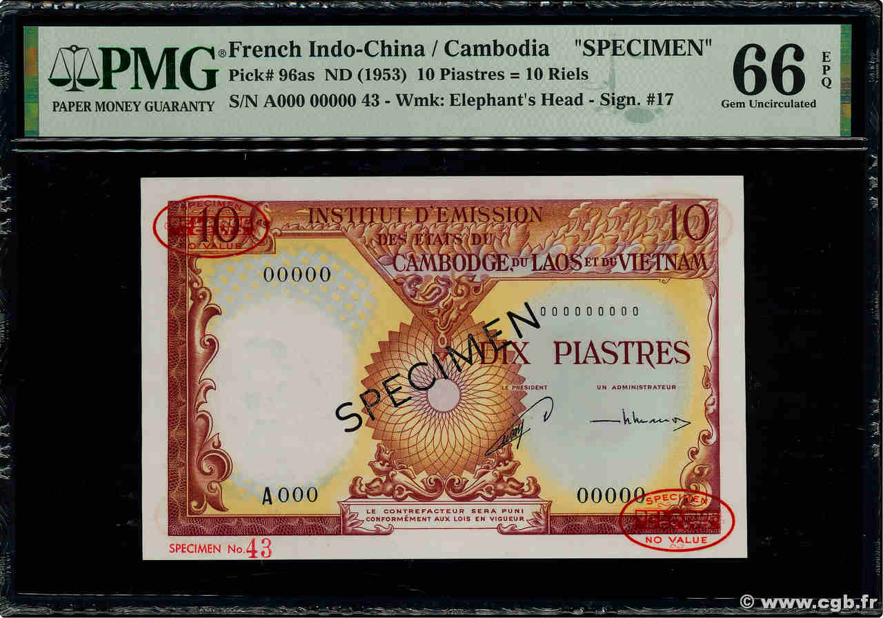 10 Piastres - 10 Riels Spécimen INDOCHINE FRANÇAISE  1942 P.096as NEUF