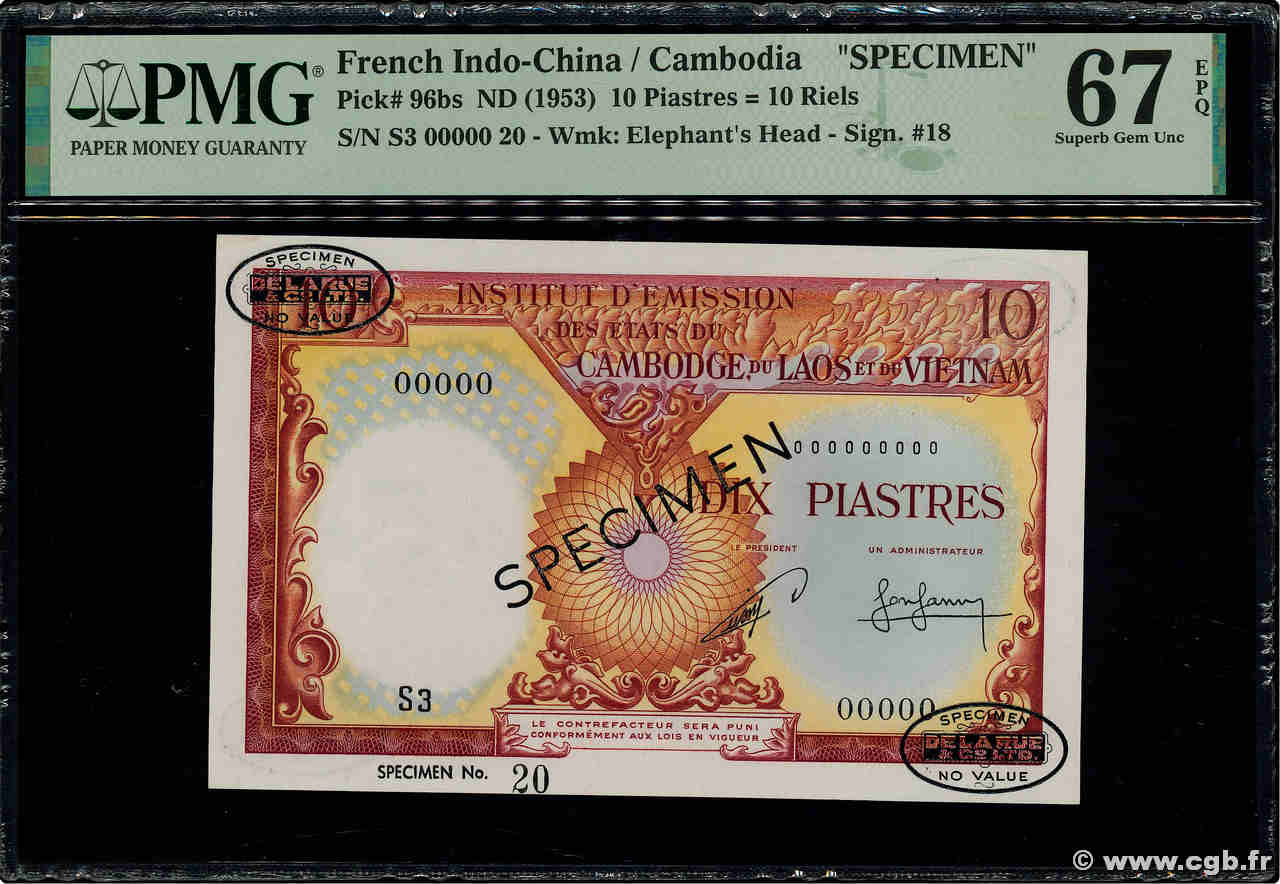 10 Piastres - 10 Riels Spécimen INDOCHINE FRANÇAISE  1953 P.096bs NEUF