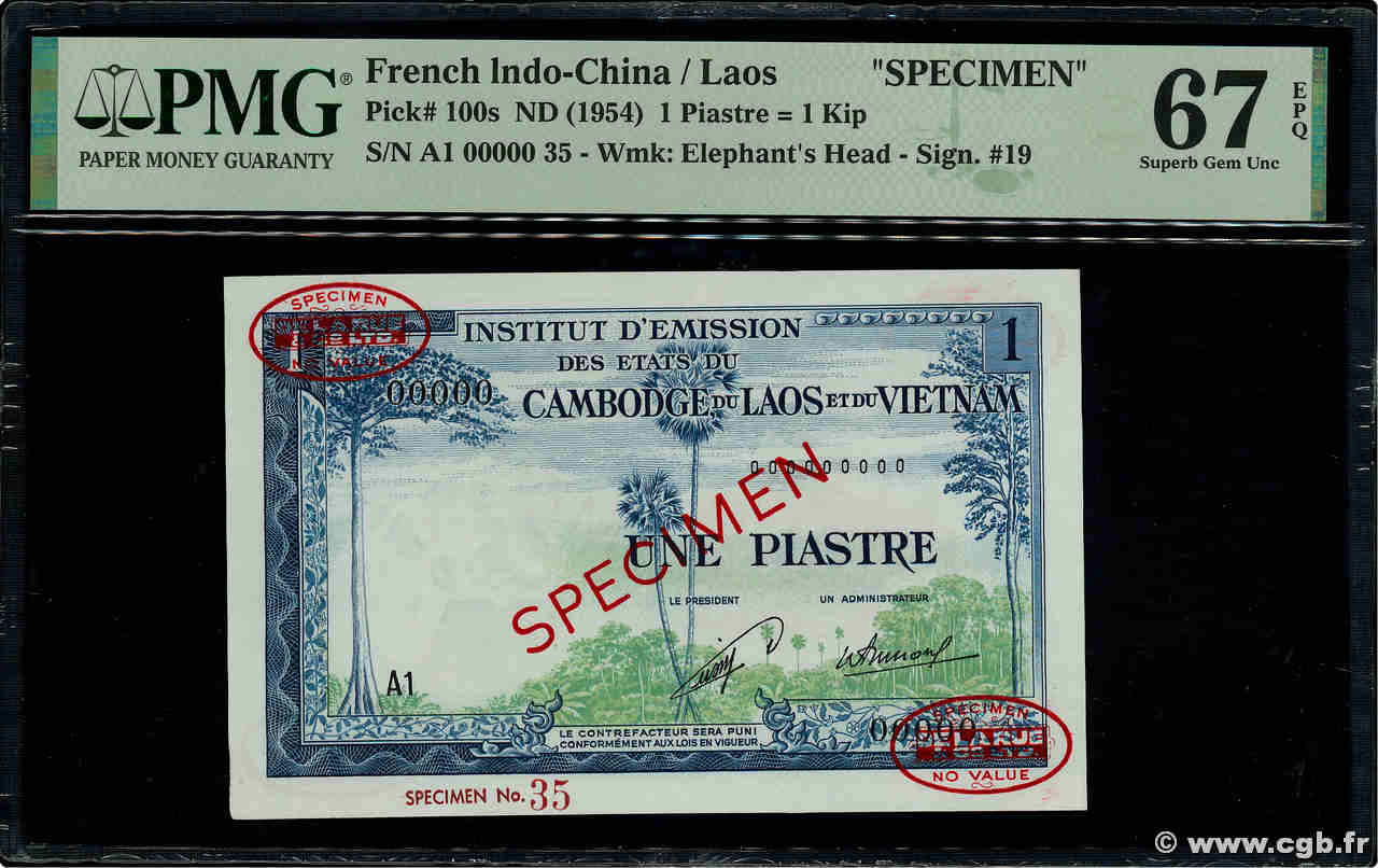 1 Piastre - 1 Kip Spécimen INDOCHINE FRANÇAISE  1954 P.100s NEUF