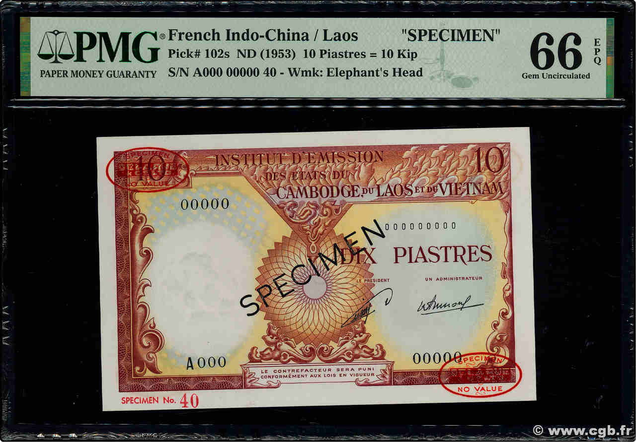 10 Piastres - 10 Kip Spécimen INDOCHINE FRANÇAISE  1953 P.102s NEUF