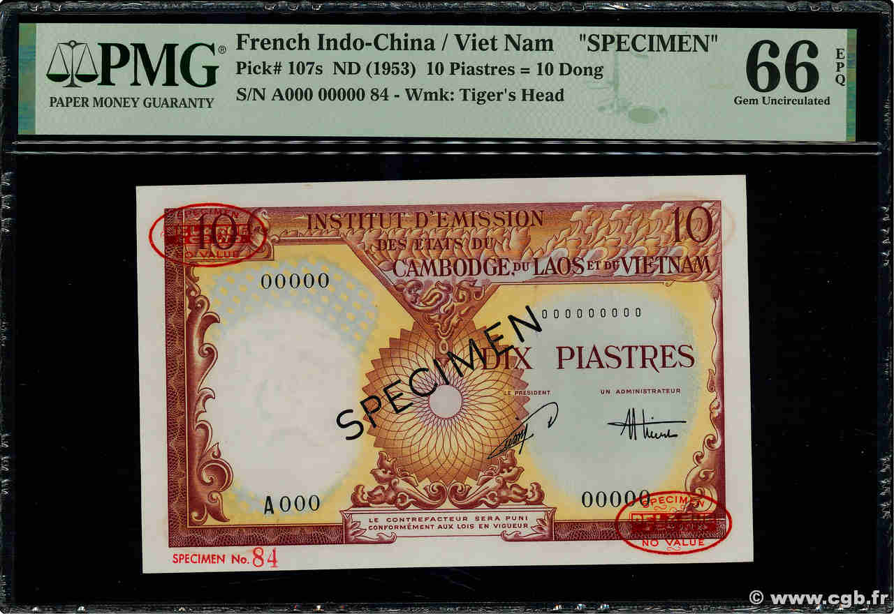 10 Piastres - 10 Dong Spécimen INDOCHINE FRANÇAISE  1953 P.107s NEUF