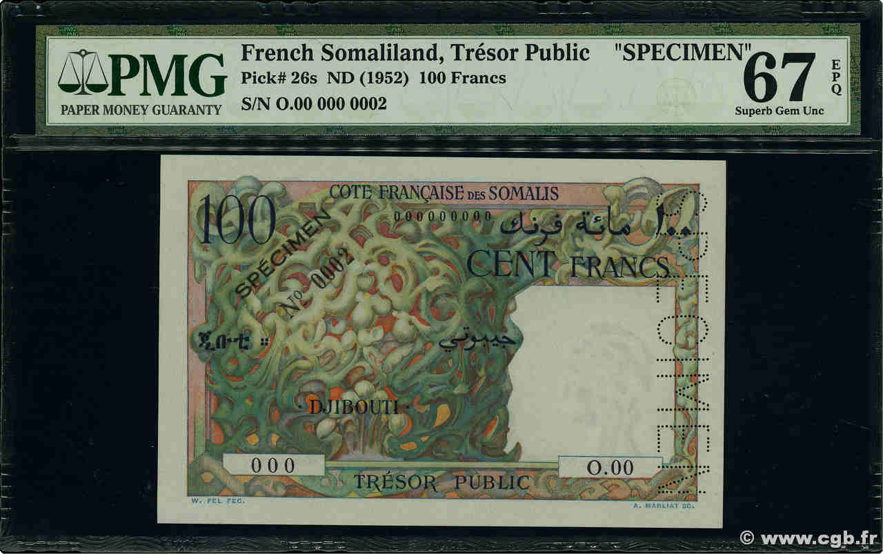 100 Francs Spécimen YIBUTI  1952 P.26s FDC