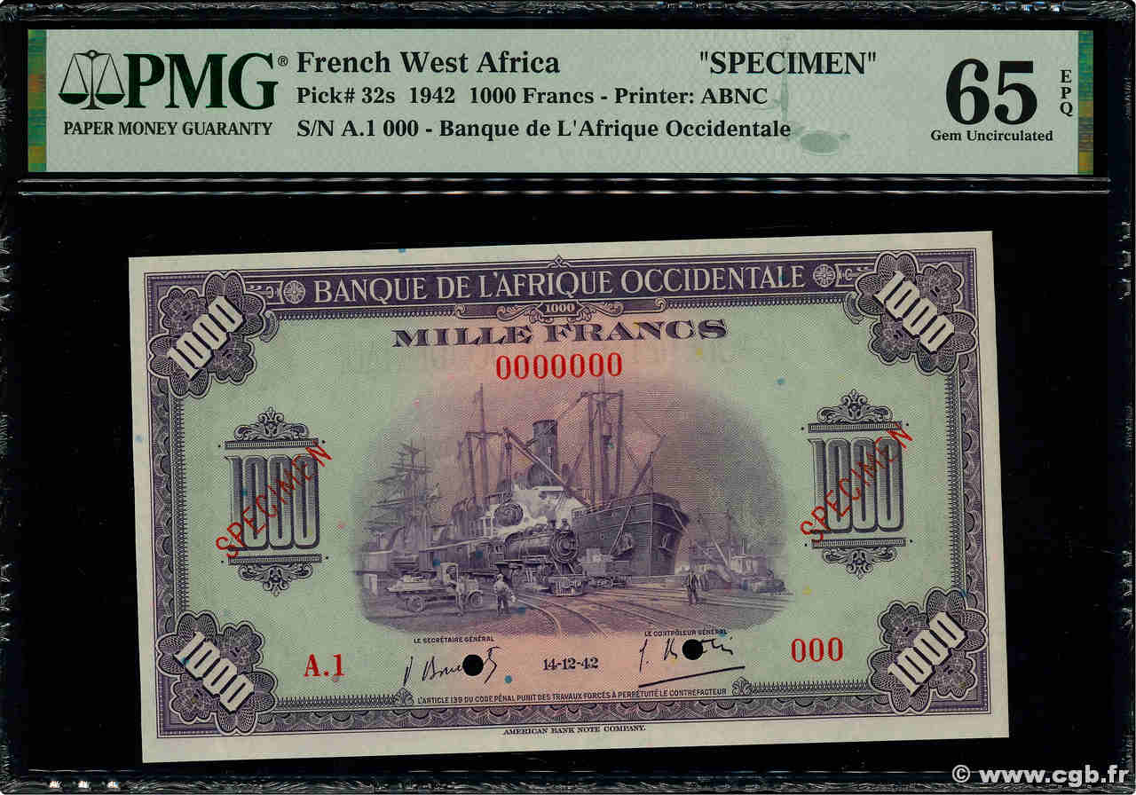 1000 Francs Spécimen FRENCH WEST AFRICA  1942 P.32s ST