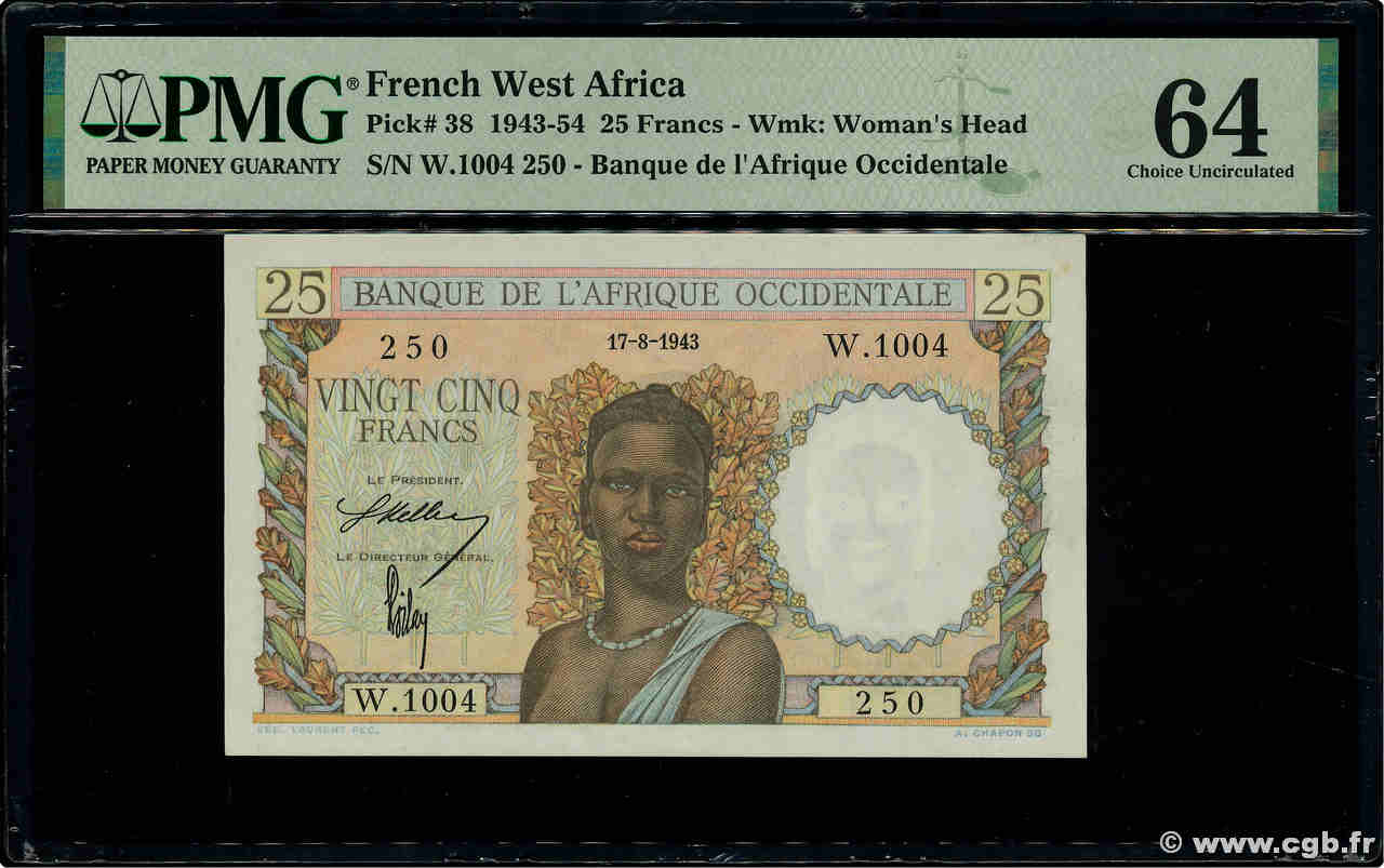 25 Francs FRENCH WEST AFRICA  1943 P.38 fST+