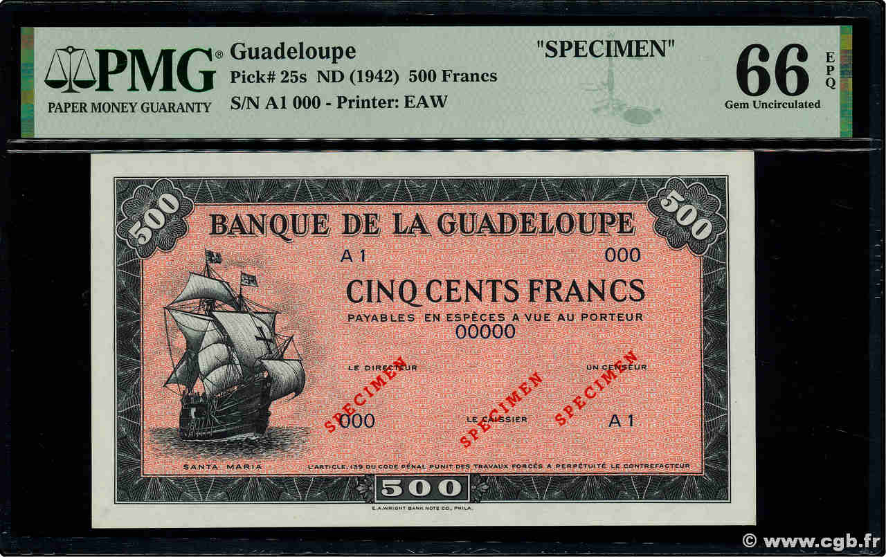 500 Francs Spécimen GUADELOUPE  1945  P.25s NEUF