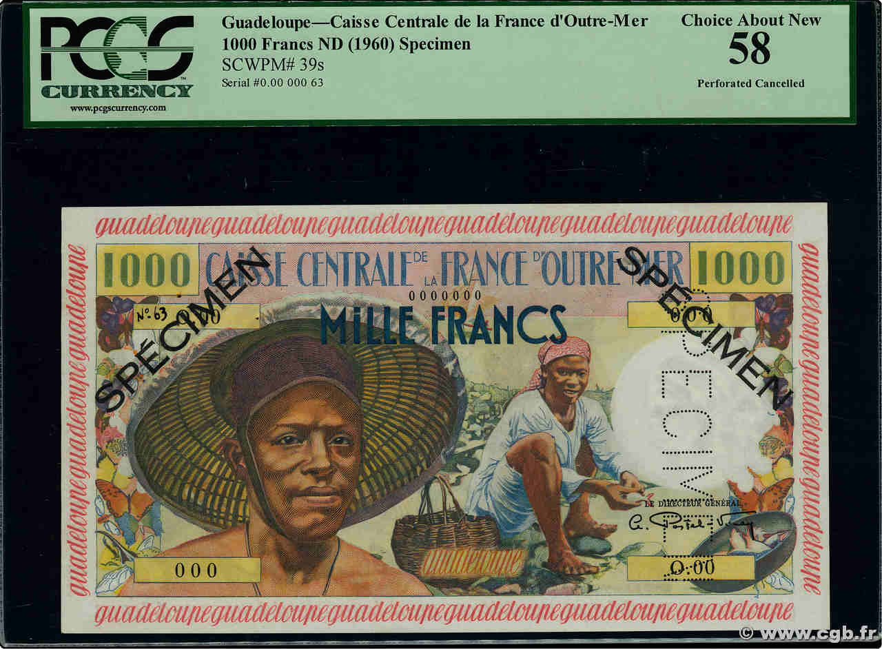 1000 Francs Pêcheur Spécimen GUADELOUPE  1960 P.39s SPL