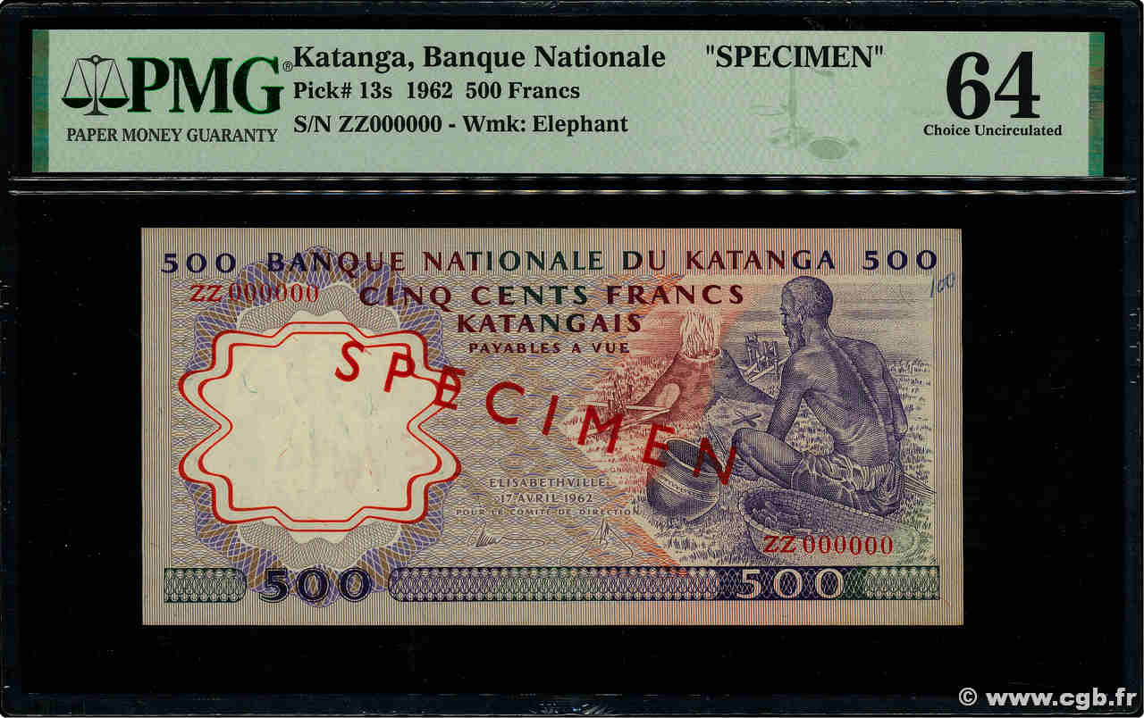 500 Francs Spécimen KATANGA  1962 P.13s UNC-