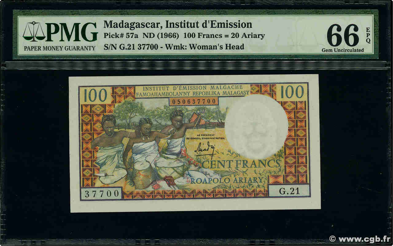 100 Francs - 20 Ariary MADAGASCAR  1966 P.057a NEUF