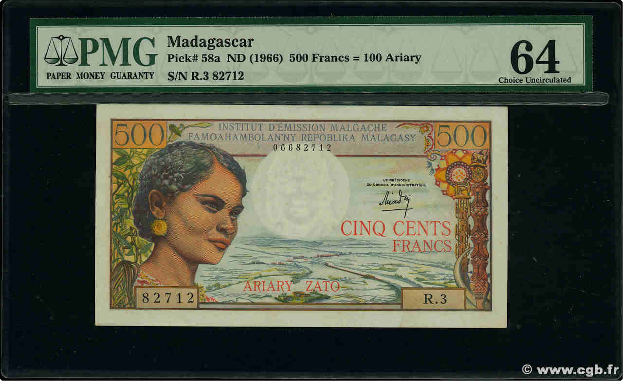 500 Francs - 100 Ariary MADAGASCAR  1966 P.058a UNC-