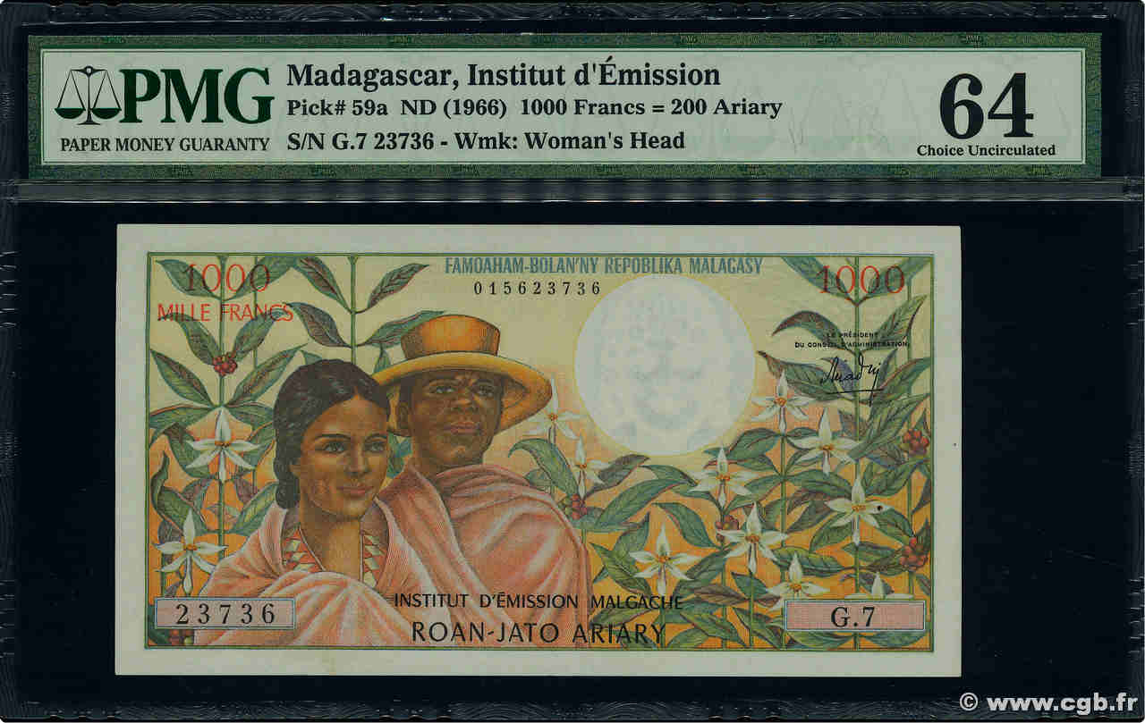 1000 Francs - 200 Ariary MADAGASCAR  1966 P.059a UNC-