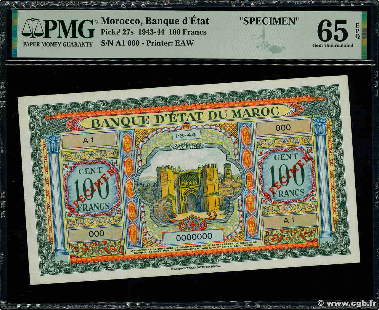 100 Francs Spécimen MAROC  1944 P.27s NEUF