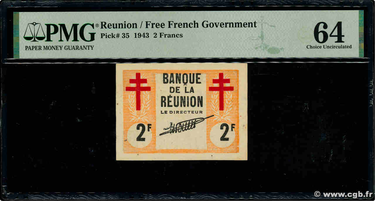 2 Francs Croix de Lorraine REUNION  1943 P.35 UNC-