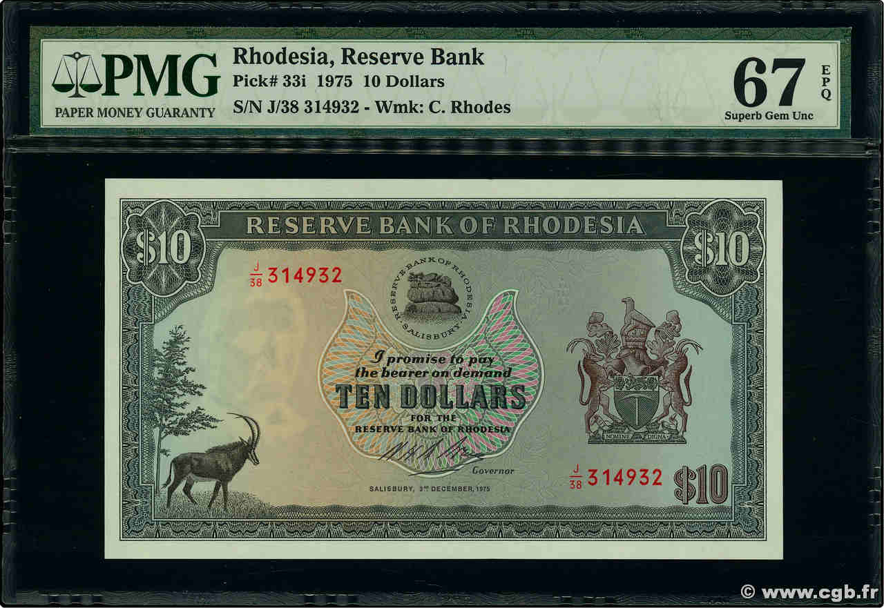 10 Dollars RHODESIA  1975 P.33i UNC