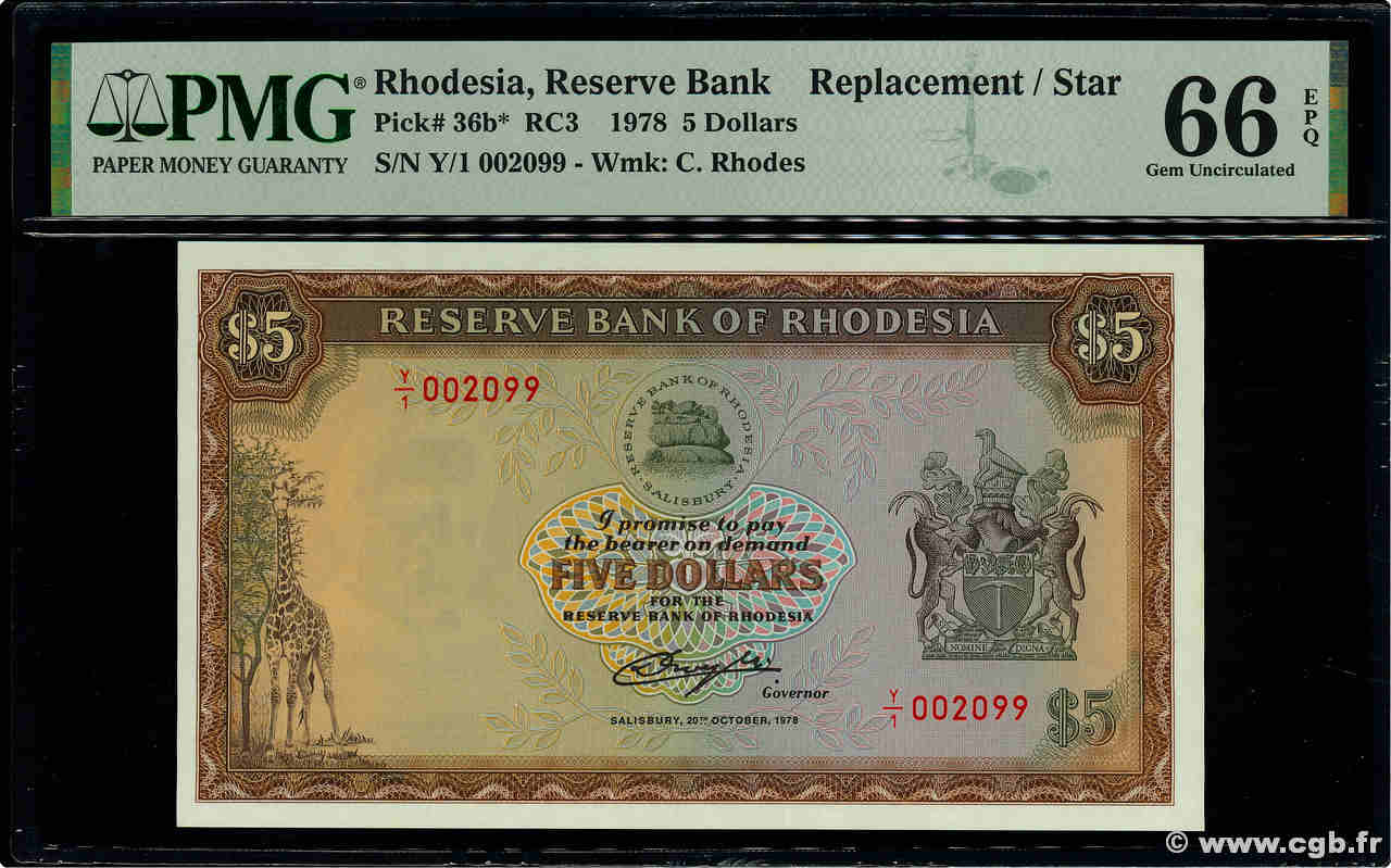 5 Dollars Remplacement RHODESIA  1978 P.36b FDC