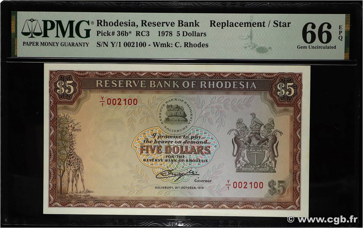 5 Dollars Remplacement RODESIA  1978 P.36b FDC
