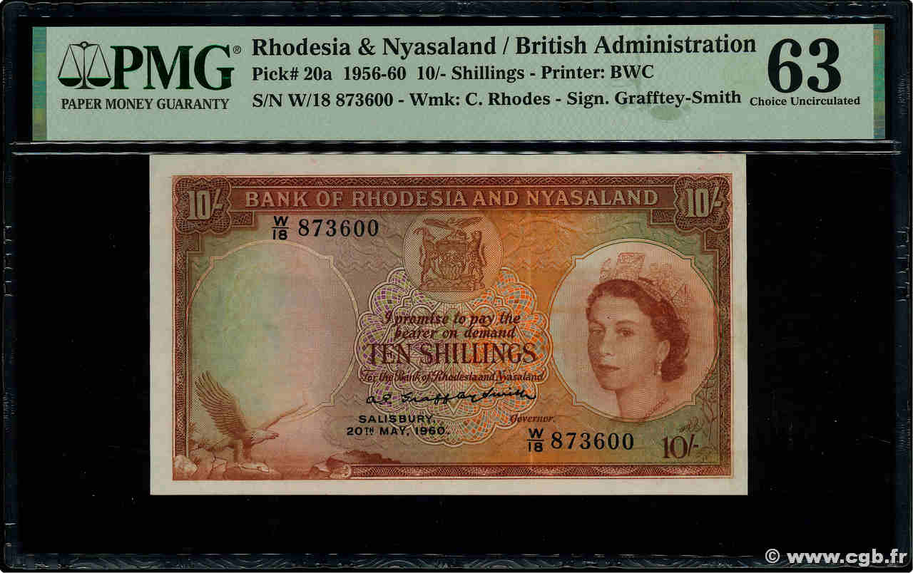 10 Shillings RHODESIA AND NYASALAND (Federation of)  1960 P.20a UNC