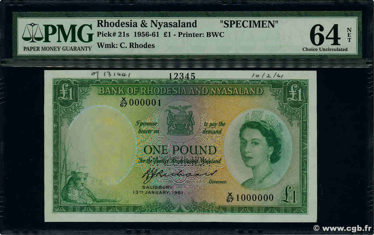 1 Pound Spécimen RHODESIA AND NYASALAND (Federation of)  1961 P.21bs UNC-