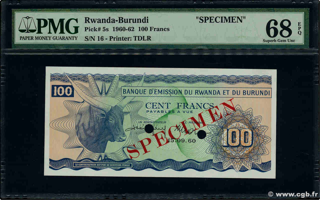 100 Francs Spécimen RWANDA BURUNDI  1960 P.05s ST
