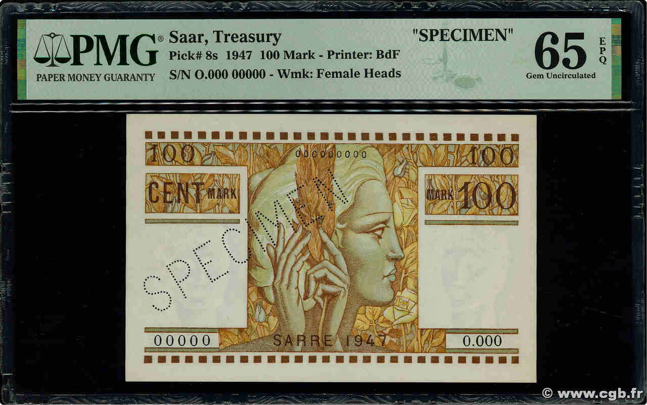 100 Mark SARRE Spécimen FRANCIA  1947 VF.49.00S FDC