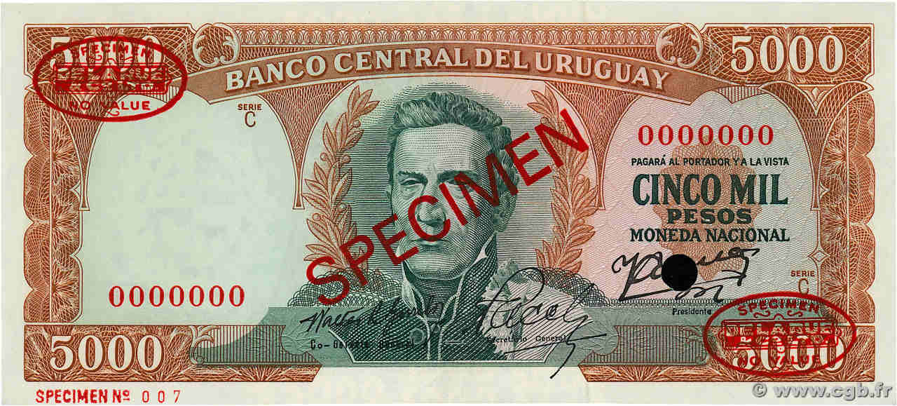 5000 Pesos Spécimen URUGUAY  1967 P.050bs UNC